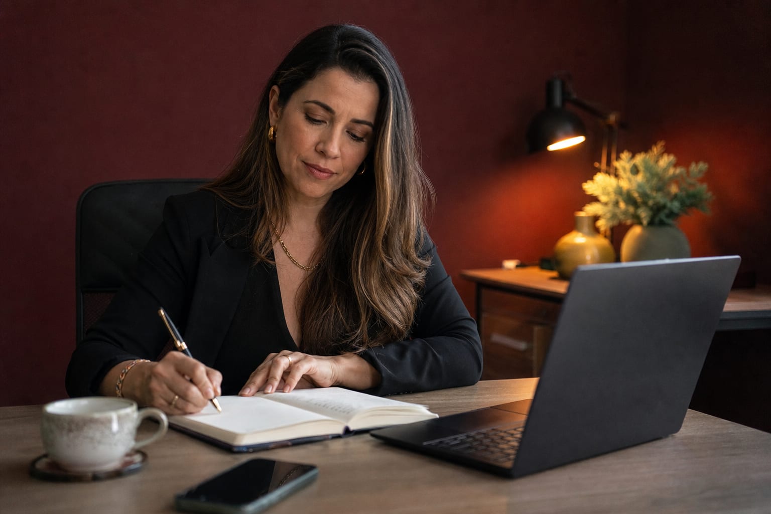Notebook aberto ao lado de caderno de anotações e celular sobre a mesa de um consultório
