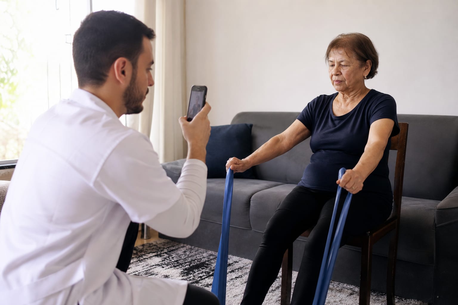 Fisioterapeuta registra atendimento domiciliar no celular ao lado de paciente idosa