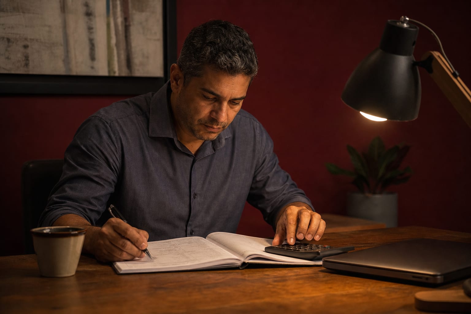 Calculadora, caderno de contas e caneta sobre a mesa de um consultório à noite
