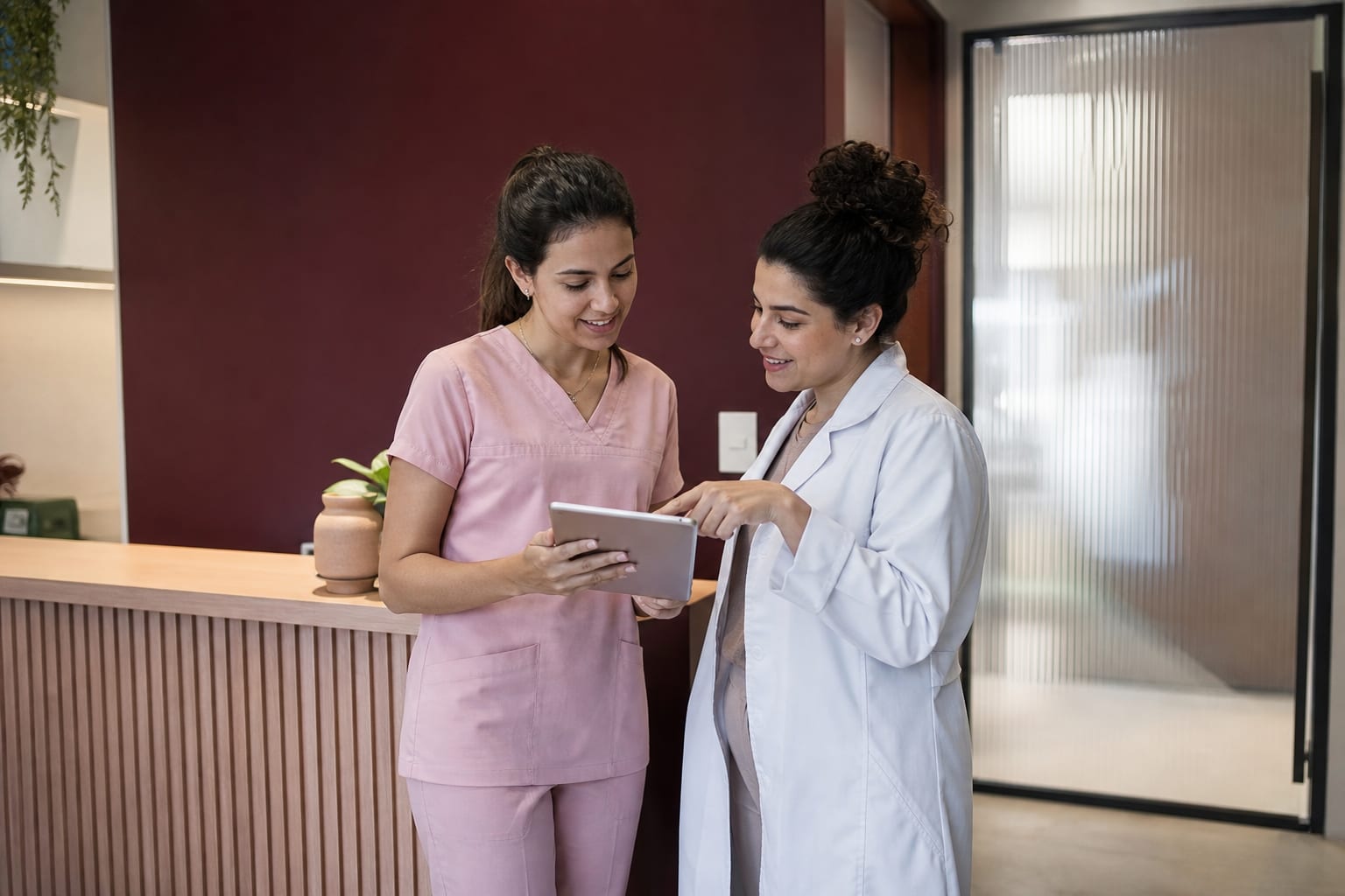 Duas profissionais de saúde comparando opções em um tablet na recepção de uma clínica pequena